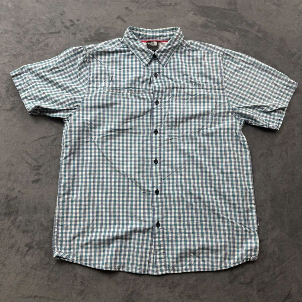 The North Face Mens Blue Green Plaid Short Sleeve Button Down Shirt Large